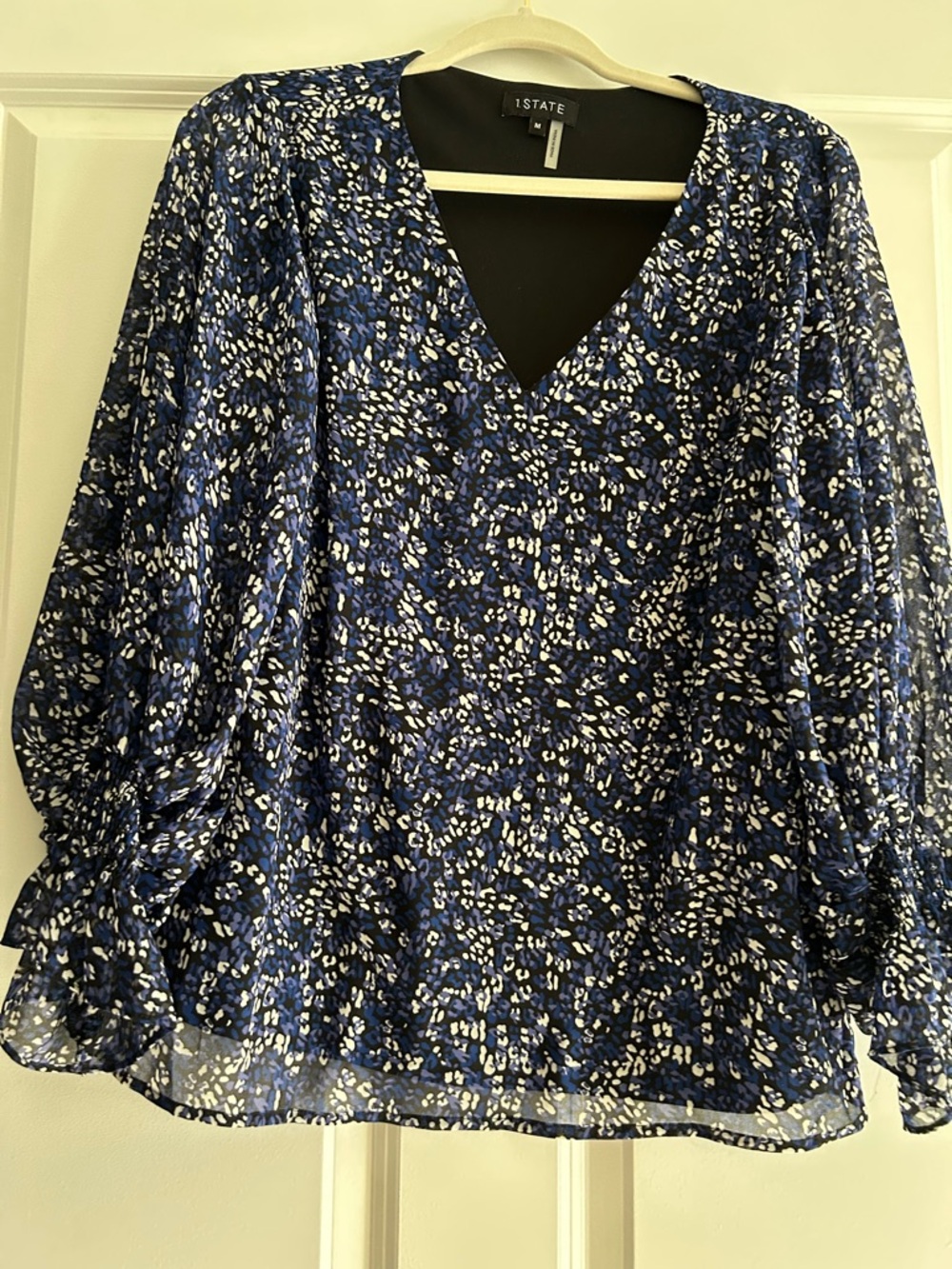 1. State Blue and White Printed V-Neck Blouse